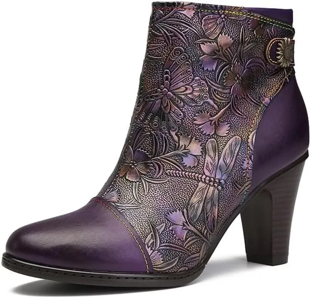 SOCOFY Womens Ankle Boots Leather High Heel Comfort Splicing Floral Pattern Lace Up Boots Leather Winter Fur Lined Boots Outdoor Anti-Slip Side Zipper Walking Boots for Wedding Party Dress