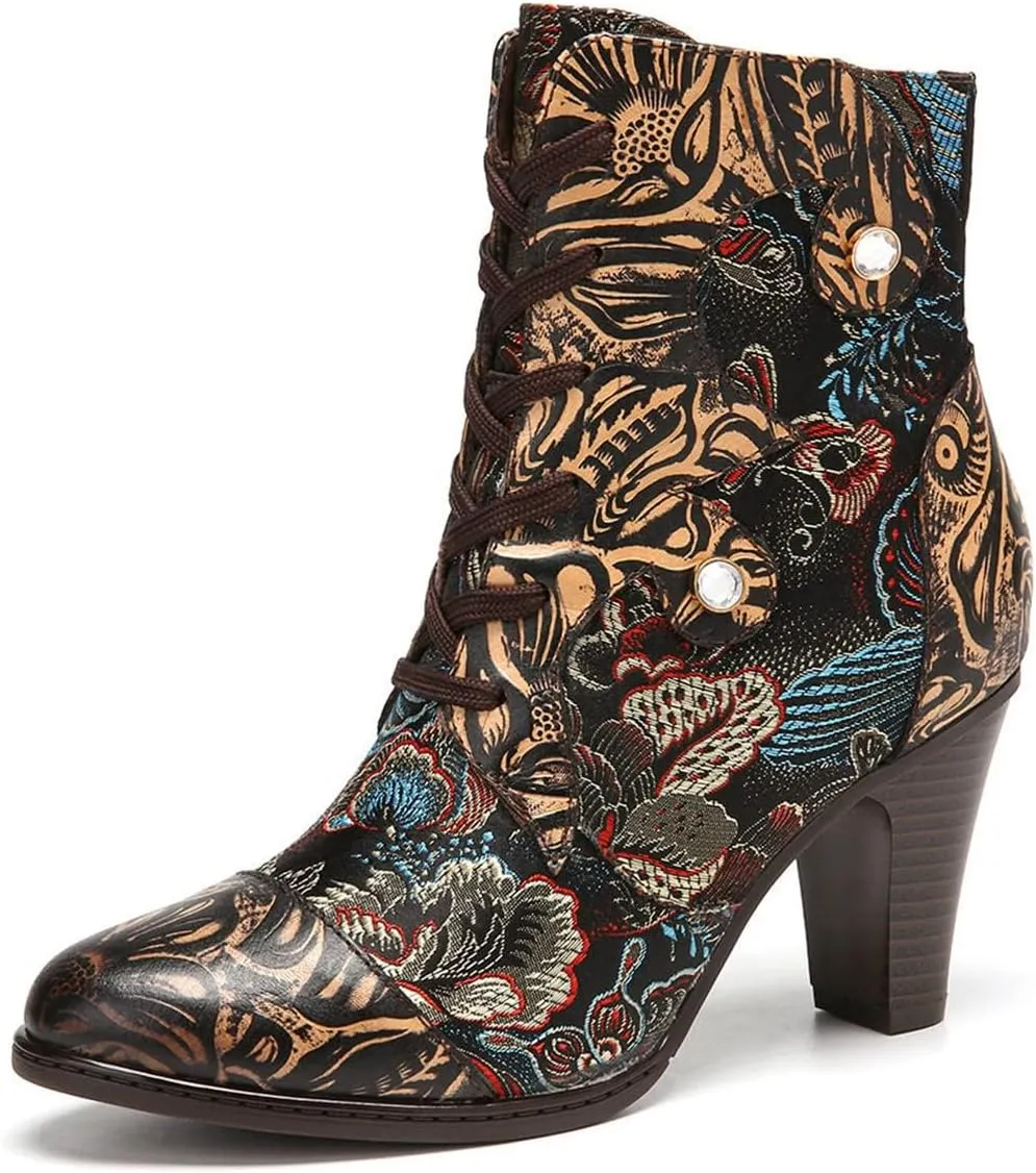 SOCOFY Womens Ankle Boots Leather High Heel Comfort Splicing Floral Pattern Lace Up Boots Leather Winter Fur Lined Boots Outdoor Anti-Slip Side Zipper Walking Boots for Wedding Party Dress