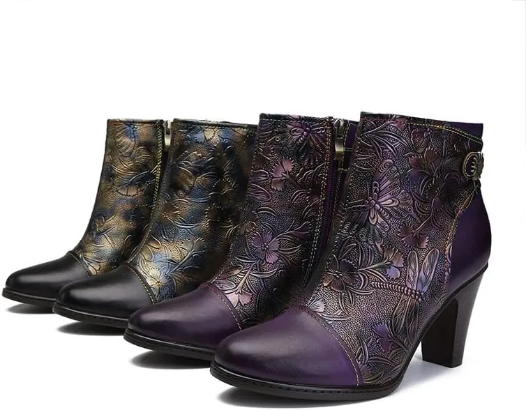SOCOFY Womens Ankle Boots Leather High Heel Comfort Splicing Floral Pattern Lace Up Boots Leather Winter Fur Lined Boots Outdoor Anti-Slip Side Zipper Walking Boots for Wedding Party Dress