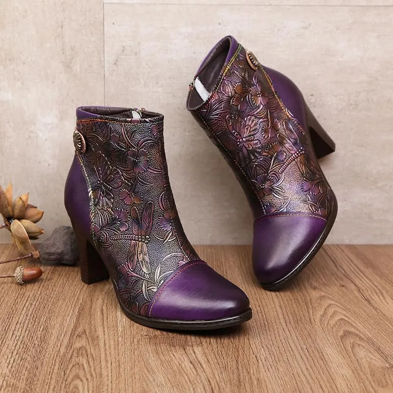 SOCOFY Womens Ankle Boots Leather High Heel Comfort Splicing Floral Pattern Lace Up Boots Leather Winter Fur Lined Boots Outdoor Anti-Slip Side Zipper Walking Boots for Wedding Party Dress