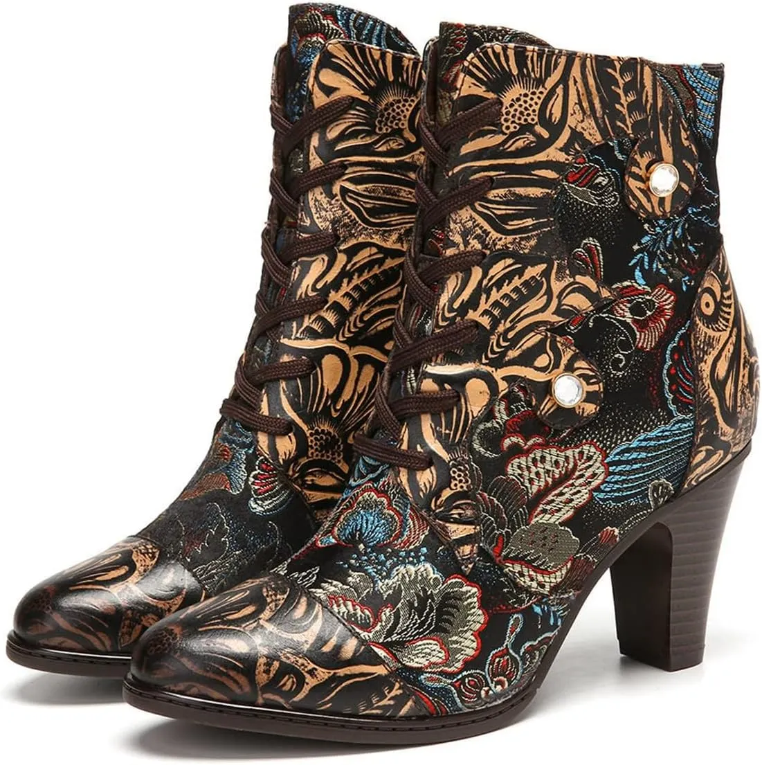 SOCOFY Womens Ankle Boots Leather High Heel Comfort Splicing Floral Pattern Lace Up Boots Leather Winter Fur Lined Boots Outdoor Anti-Slip Side Zipper Walking Boots for Wedding Party Dress