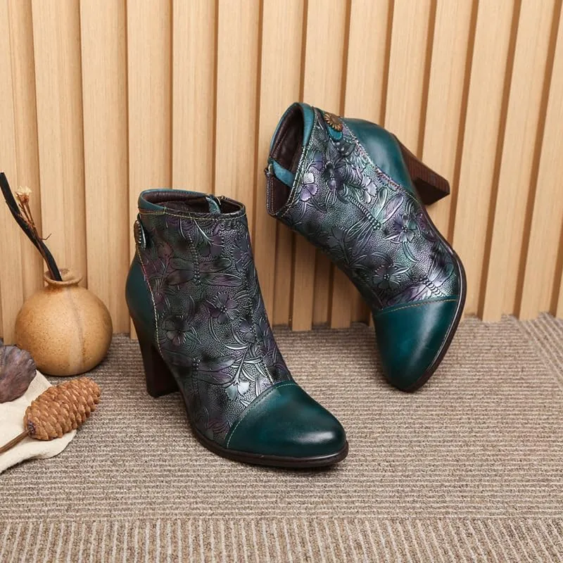 SOCOFY Womens Ankle Boots Leather High Heel Comfort Splicing Floral Pattern Lace Up Boots Leather Winter Fur Lined Boots Outdoor Anti-Slip Side Zipper Walking Boots for Wedding Party Dress