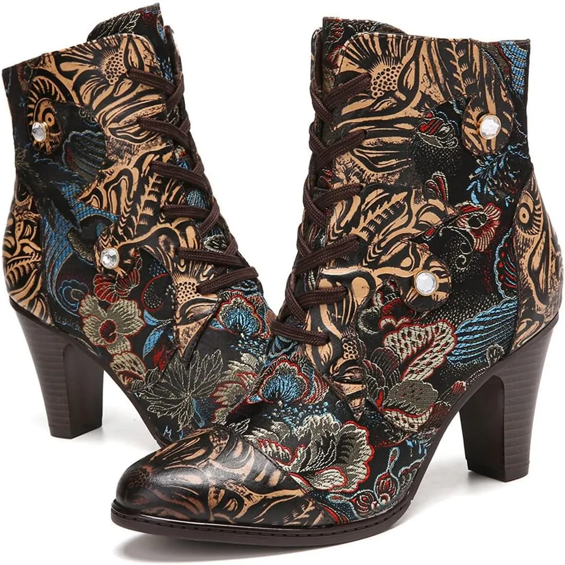 SOCOFY Womens Ankle Boots Leather High Heel Comfort Splicing Floral Pattern Lace Up Boots Leather Winter Fur Lined Boots Outdoor Anti-Slip Side Zipper Walking Boots for Wedding Party Dress