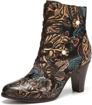 SOCOFY Womens Ankle Boots Leather High Heel Comfort Splicing Floral Pattern Lace Up Boots Leather Winter Fur Lined Boots Outdoor Anti-Slip Side Zipper Walking Boots for Wedding Party Dress