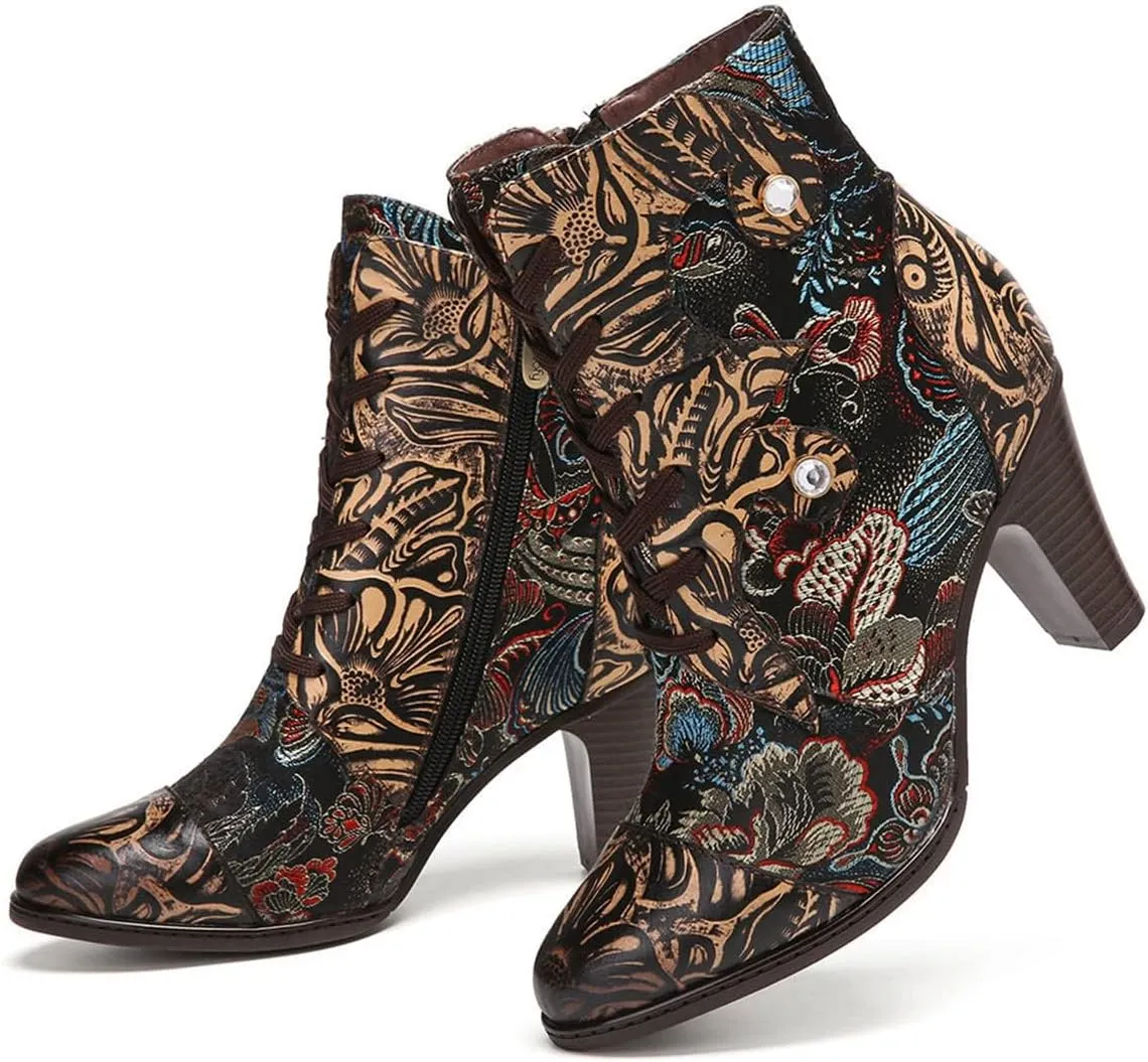 SOCOFY Womens Ankle Boots Leather High Heel Comfort Splicing Floral Pattern Lace Up Boots Leather Winter Fur Lined Boots Outdoor Anti-Slip Side Zipper Walking Boots for Wedding Party Dress