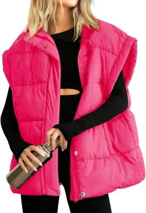 Songling Womens Oversized Puffer Vest Stand Collar Full Zip Sleeveless Bubble Puffer Vest Quilted Padded Warm Coat Outwear