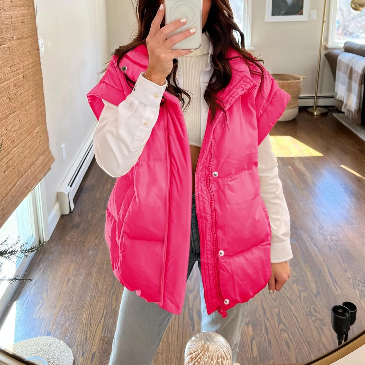 Songling Womens Oversized Puffer Vest Stand Collar Full Zip Sleeveless Bubble Puffer Vest Quilted Padded Warm Coat Outwear