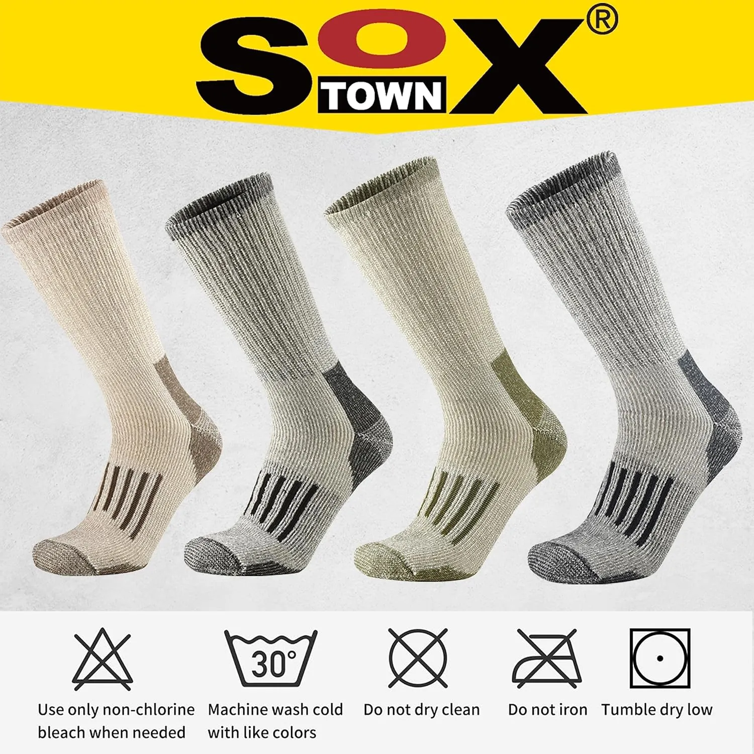 SOX TOWN Men's Merino Wool Cushion Crew Socks Moisture Wicking Control for Outdoor Hiking Work Boot Thermal Warm All Seasons
