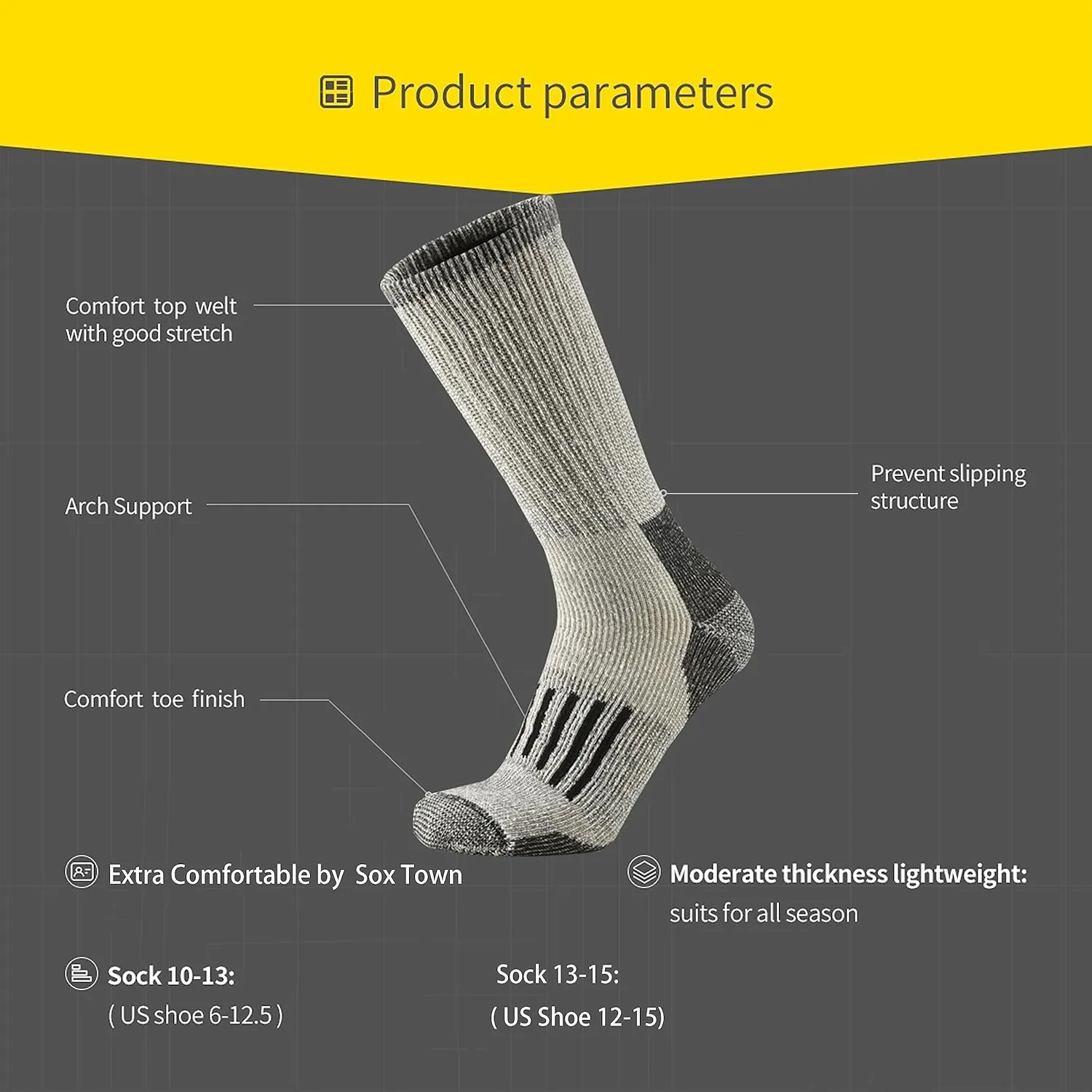 SOX TOWN Men's Merino Wool Cushion Crew Socks Moisture Wicking Control for Outdoor Hiking Work Boot Thermal Warm All Seasons