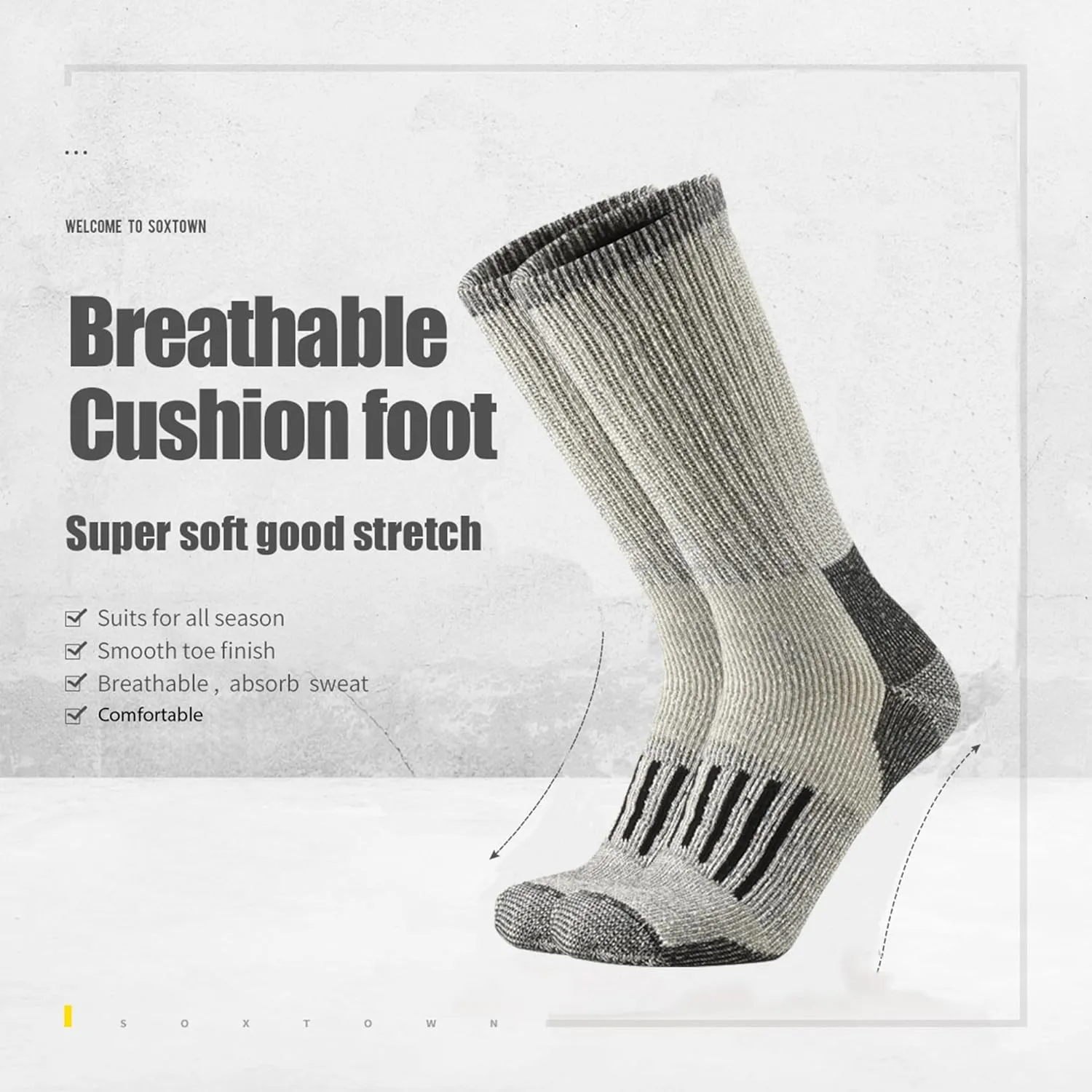 SOX TOWN Men's Merino Wool Cushion Crew Socks Moisture Wicking Control for Outdoor Hiking Work Boot Thermal Warm All Seasons