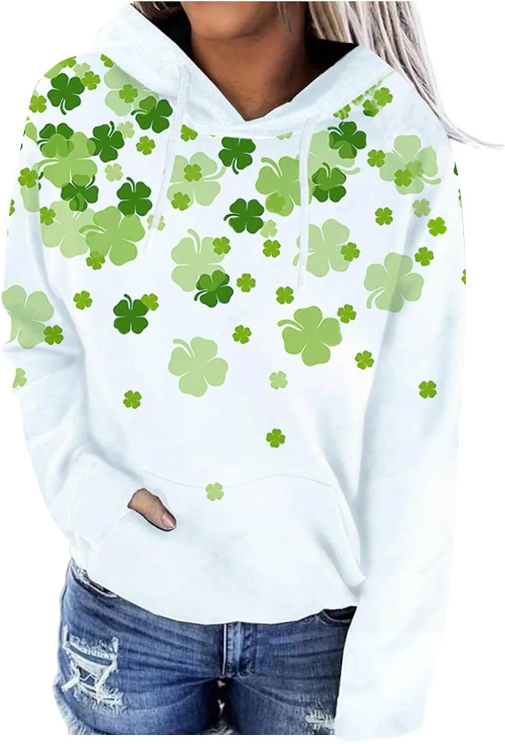 St. Patrick's Day Hoodies for Women Casual Long Sleeve Hooded Sweatshirts Novelty Clover Shamrock Print Pullover Tops