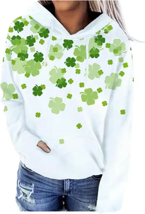 St. Patrick's Day Hoodies for Women Casual Long Sleeve Hooded Sweatshirts Novelty Clover Shamrock Print Pullover Tops