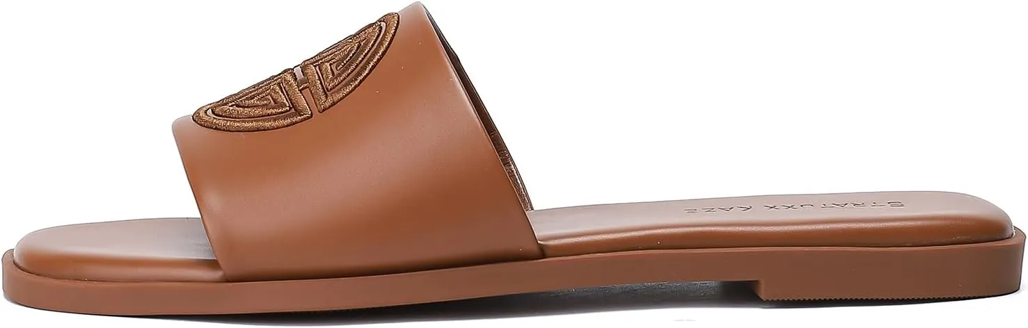 Stratuxx Kaze Womens Flat Sandals Dressy Summer Slide Dress Sandals Comfortable Cute Leather Black Sandals for Women
