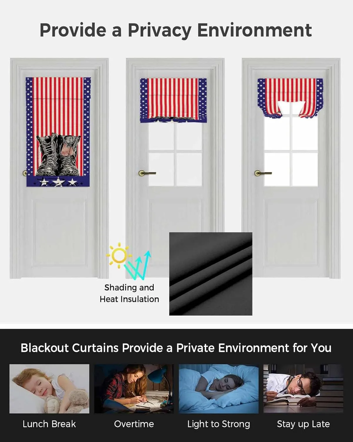 Stripes Stars Boots Blackout Door Curtains For Door Window,French/Front/Sidelight Door Tie Up Shade Drapes Thermal Insulated Privacy Rod Pocket Drapery,Freedom Patriotic Memorial Day 1 Panel 26"Wx70"L