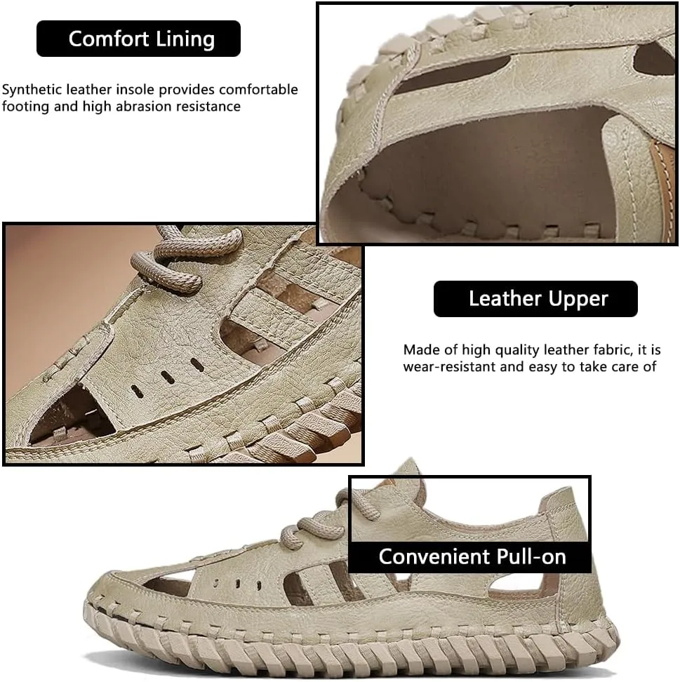 Succttssful Leather Beach Sandals for Men Closed Toe Water Sandals Casual Summer Sandals Non Slip Walking Fisherman Shoes