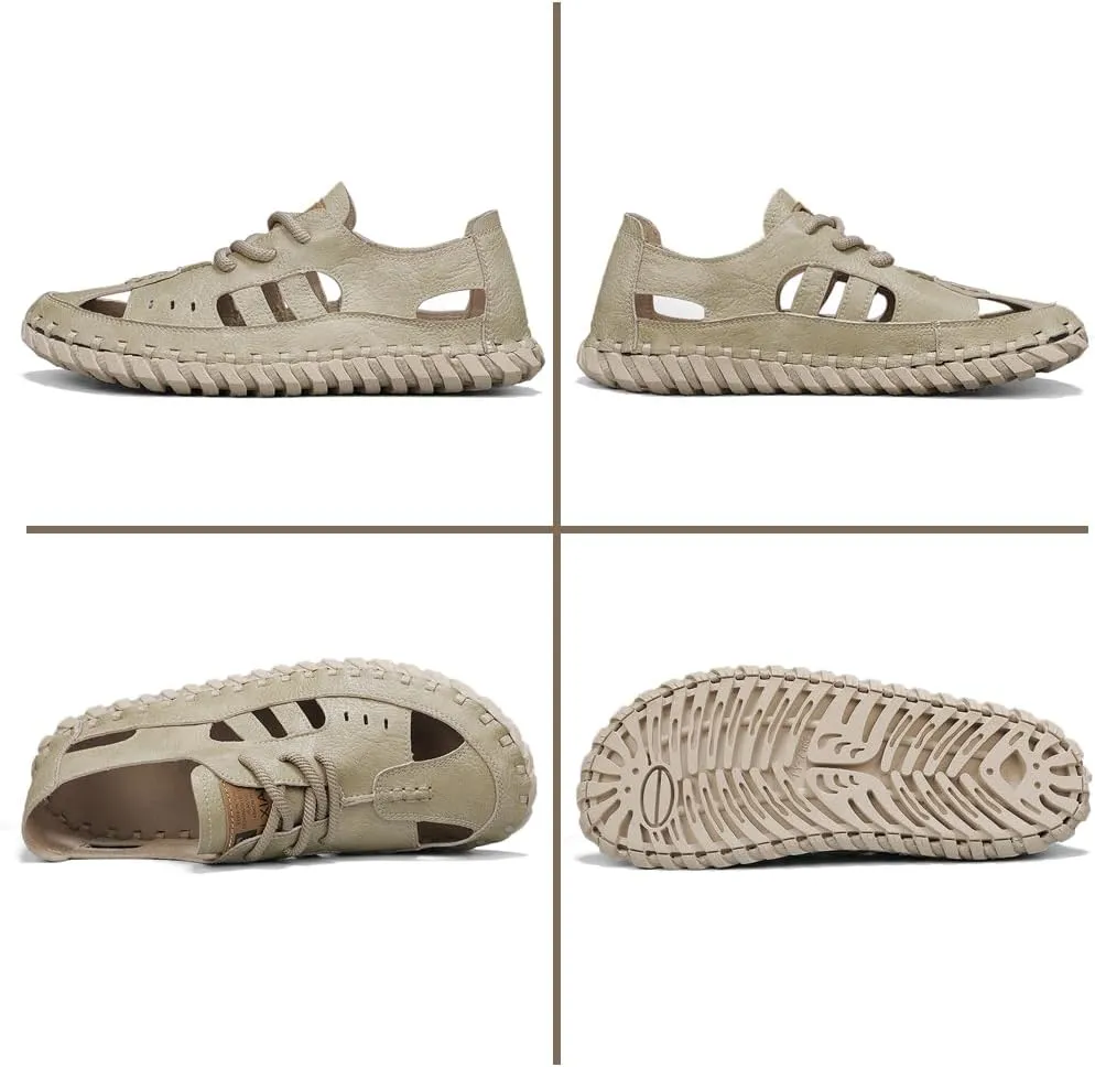 Succttssful Leather Beach Sandals for Men Closed Toe Water Sandals Casual Summer Sandals Non Slip Walking Fisherman Shoes