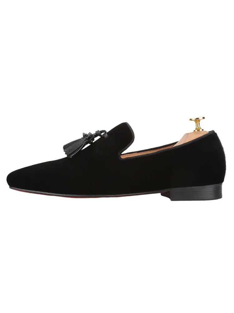 Summer men's velvet loafers handmade cowhide rivets fringed European and American trend foot red-soled shoes men