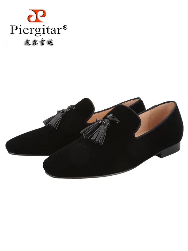 Summer men's velvet loafers handmade cowhide rivets fringed European and American trend foot red-soled shoes men