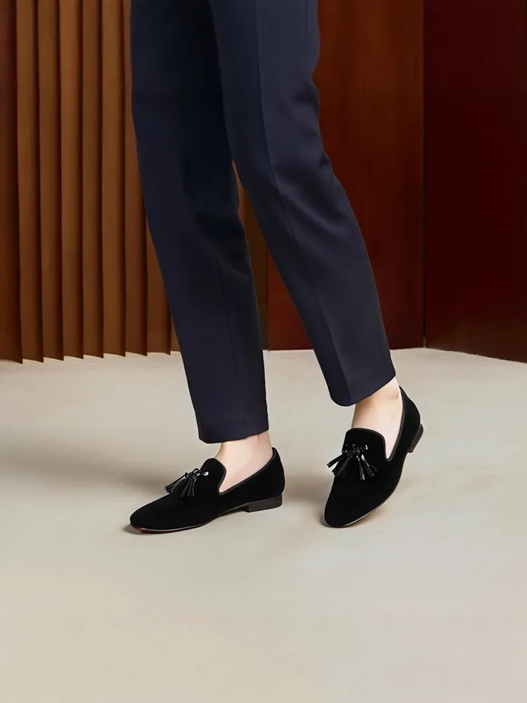 Summer men's velvet loafers handmade cowhide rivets fringed European and American trend foot red-soled shoes men