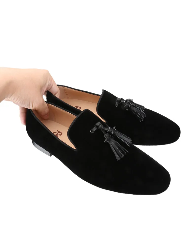 Summer men's velvet loafers handmade cowhide rivets fringed European and American trend foot red-soled shoes men
