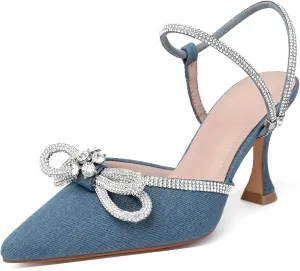 Susanny Women's Closed Toe Rhinstone Wedding Low Heel Slingback Clear Kitten Heels,Adjustable Strap Pointed Toe Bow Pumps High Heeled Prom Dress Shoes