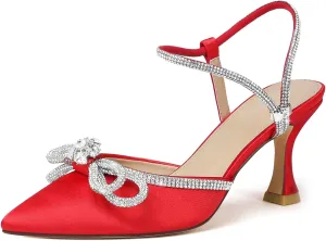 Susanny Women's Closed Toe Rhinstone Wedding Low Heel Slingback Clear Kitten Heels,Adjustable Strap Pointed Toe Bow Pumps High Heeled Prom Dress Shoes