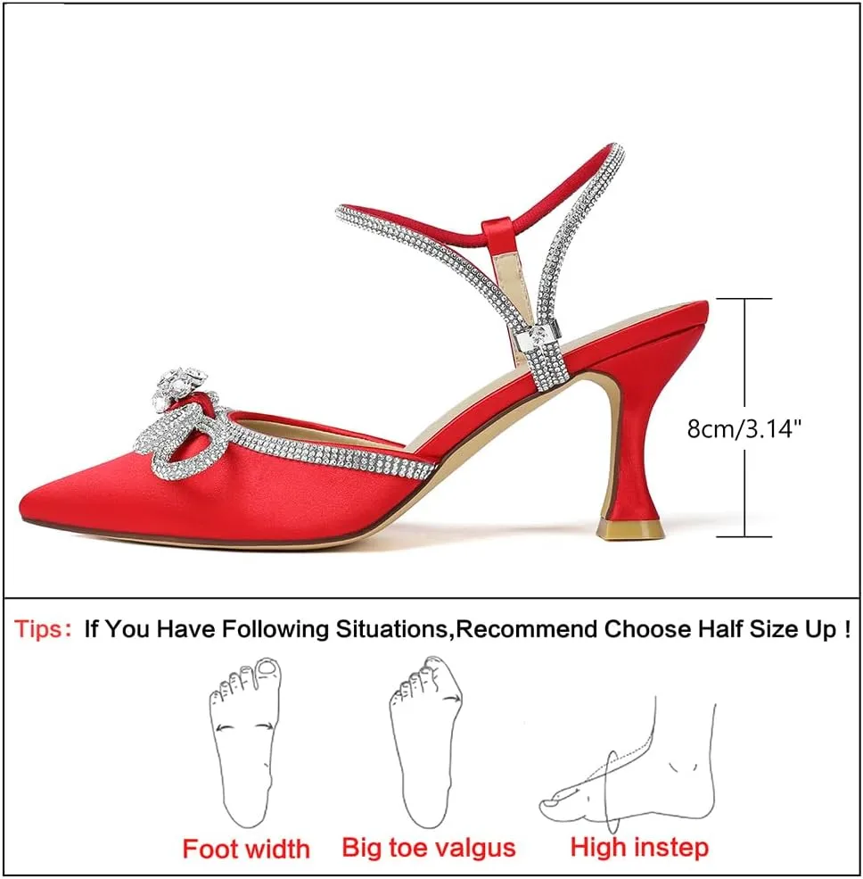 Susanny Women's Closed Toe Rhinstone Wedding Low Heel Slingback Clear Kitten Heels,Adjustable Strap Pointed Toe Bow Pumps High Heeled Prom Dress Shoes