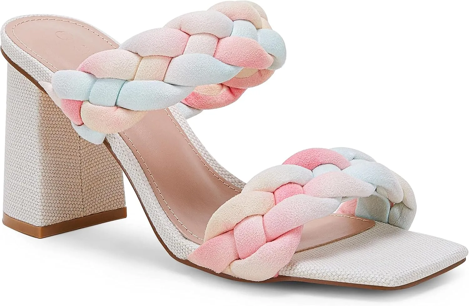 Syktkmx Women's Braided Heeled Sandals Backless Square Open Toe Block Slide Sandals