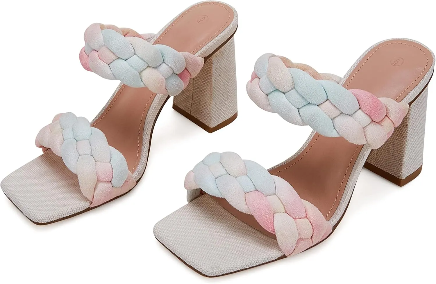 Syktkmx Women's Braided Heeled Sandals Backless Square Open Toe Block Slide Sandals