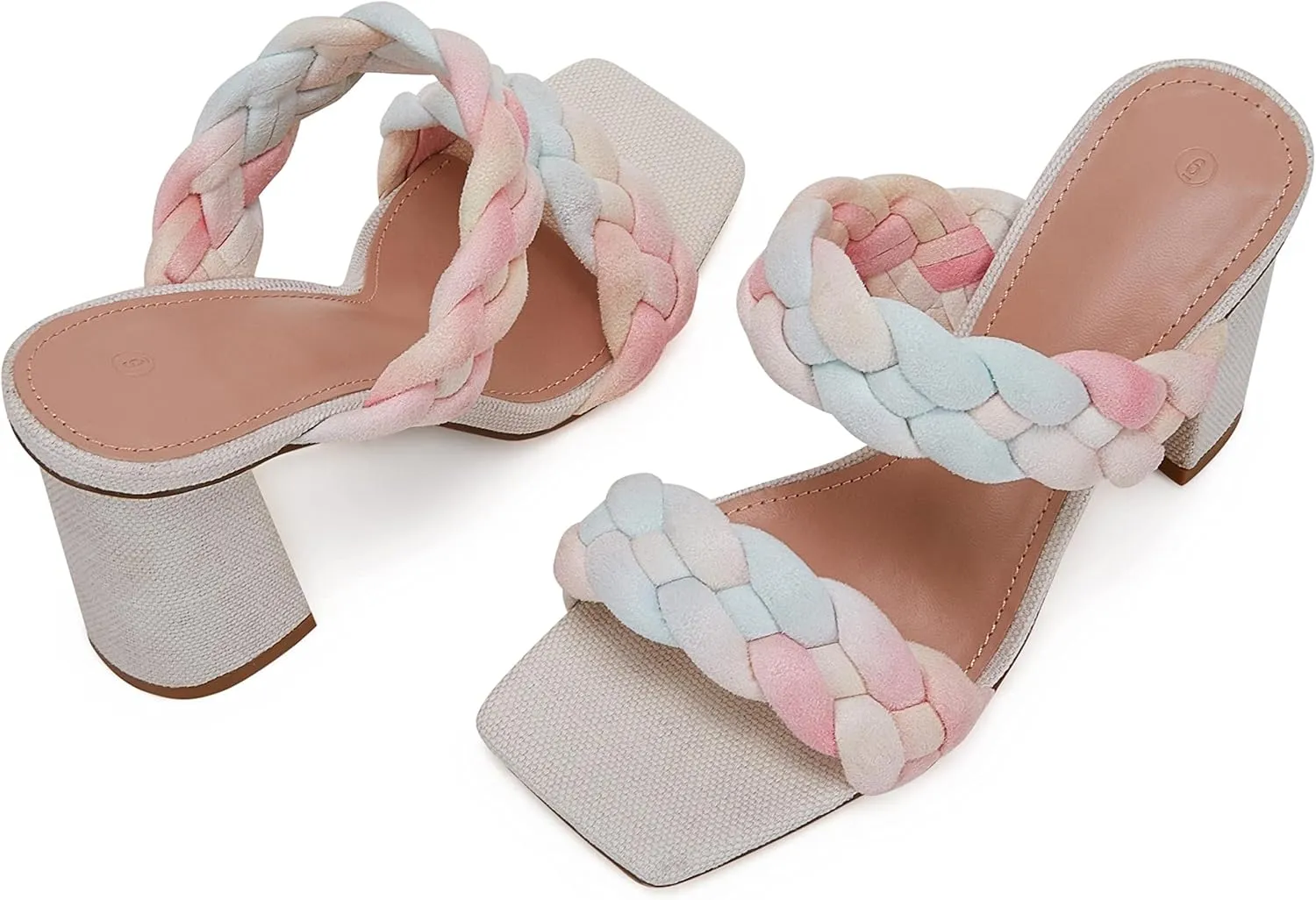 Syktkmx Women's Braided Heeled Sandals Backless Square Open Toe Block Slide Sandals