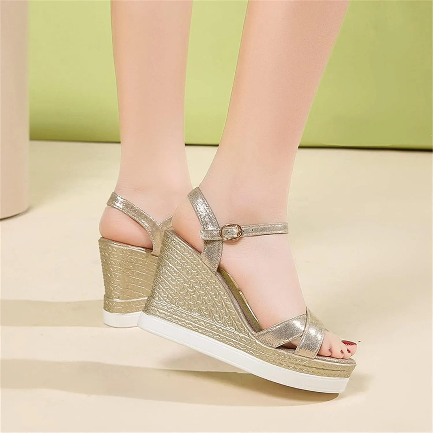 T Bar Sandals for Women Fashion Spring and Summer Women Sandals Wedge Heel High Heel Thick Bottom Open Toe Breathable Comfortable Buckle Solid Color (Gold, 6.5)