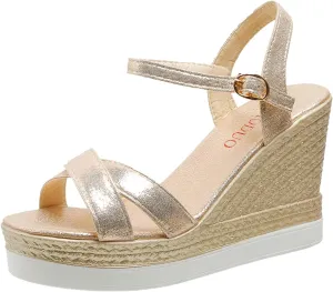 T Bar Sandals for Women Fashion Spring and Summer Women Sandals Wedge Heel High Heel Thick Bottom Open Toe Breathable Comfortable Buckle Solid Color (Gold, 6.5)
