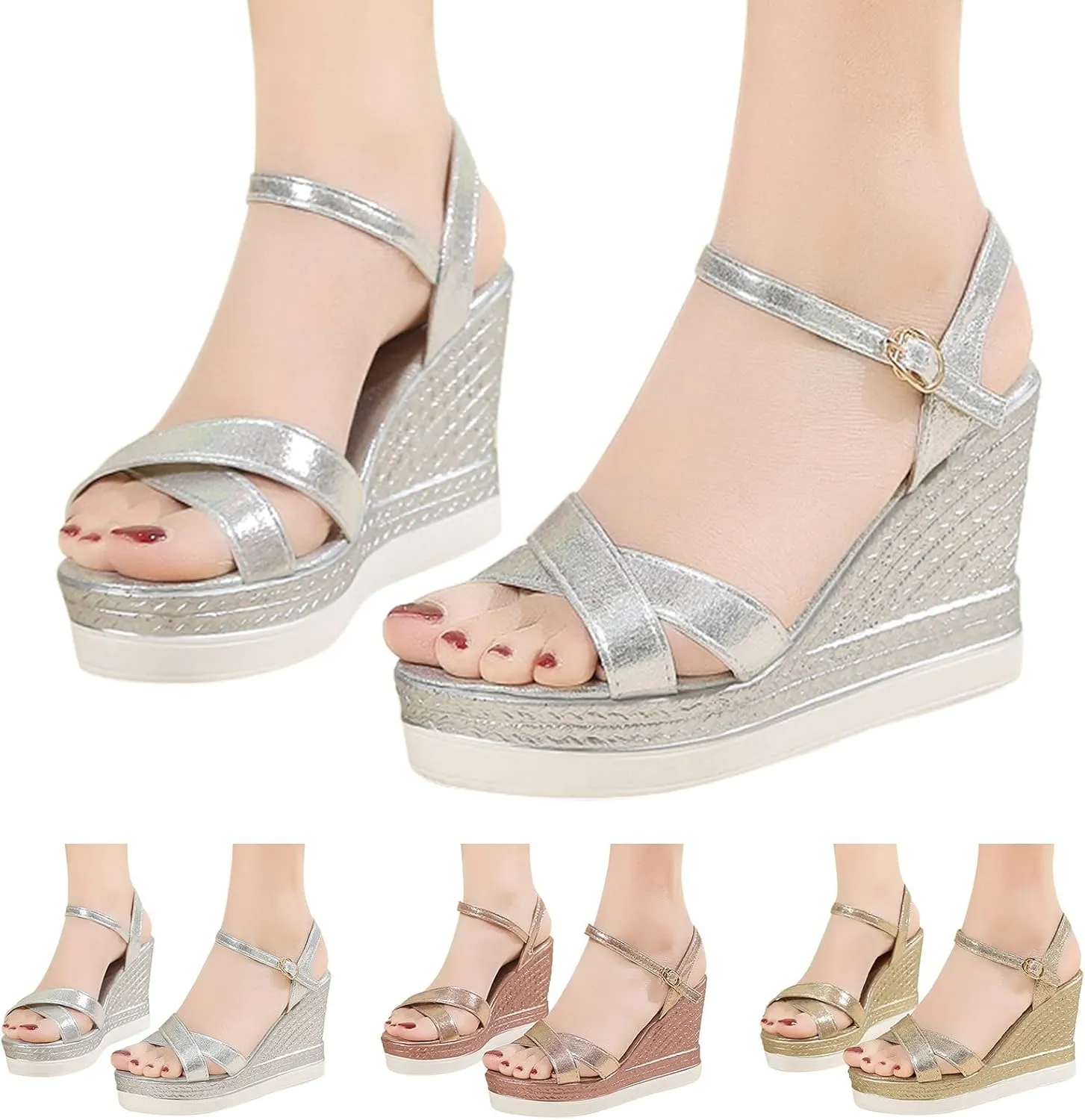 T Bar Sandals for Women Fashion Spring and Summer Women Sandals Wedge Heel High Heel Thick Bottom Open Toe Breathable Comfortable Buckle Solid Color (Gold, 6.5)