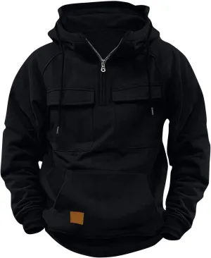 Tactical Sweatshirts for Men Quarter Zip Pullover Hoodie Long Sleeve Drawstring Workout Hoodies with Cargo Pockets
