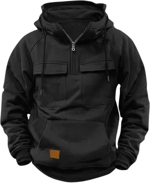 Tactical Sweatshirts for Men Quarter Zip Pullover Hoodie Long Sleeve Drawstring Workout Hoodies with Cargo Pockets