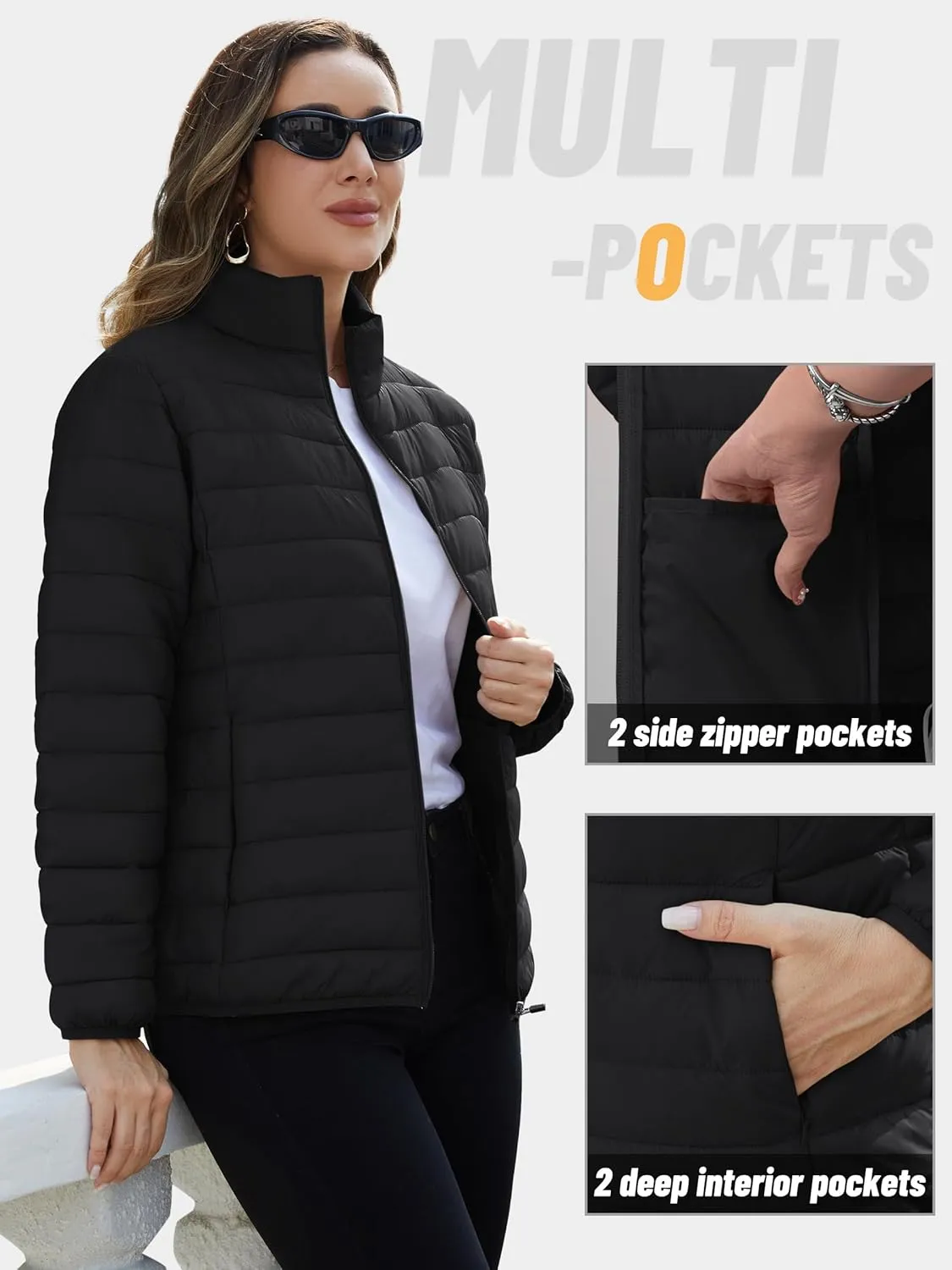 TACVASEN Womens Puffer Jacket Quilted Lightweight Stand Collar Zip Up Alternative Down Coat Warm Winter with 4 Pockets