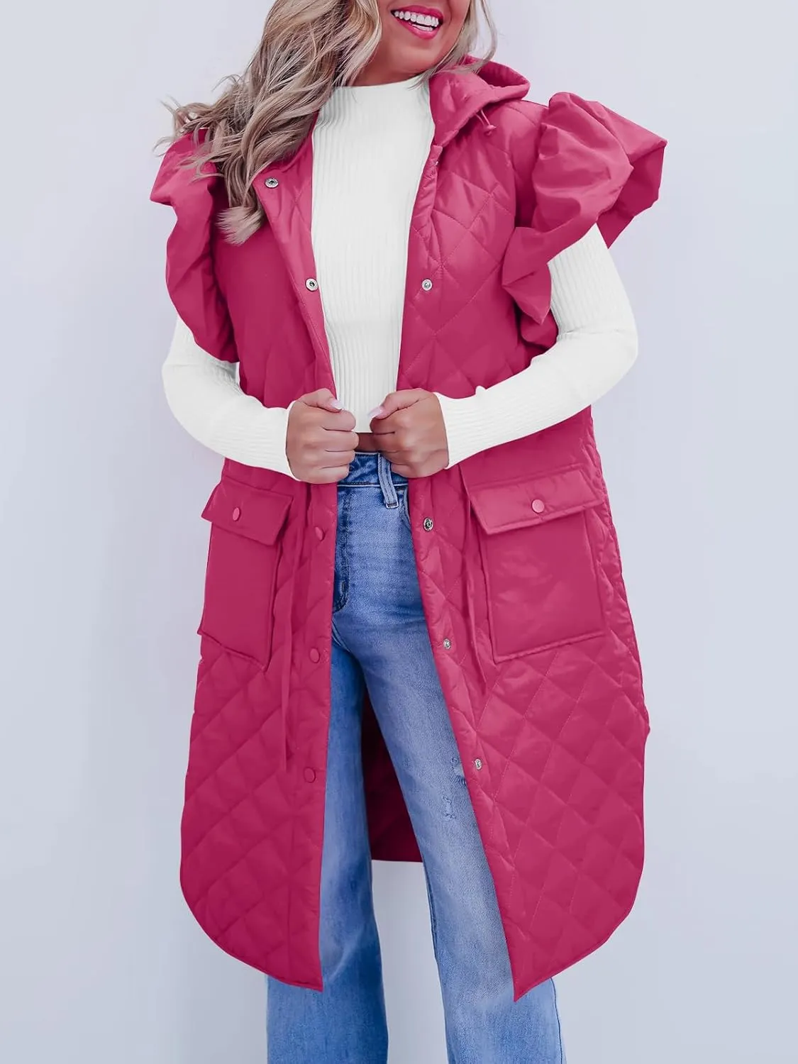 Tankaneo Womens Long Puffer Vests Fashion Ruffle Sleeve Quilted Gilet Coats Winter Hooded Down Jacket Vest
