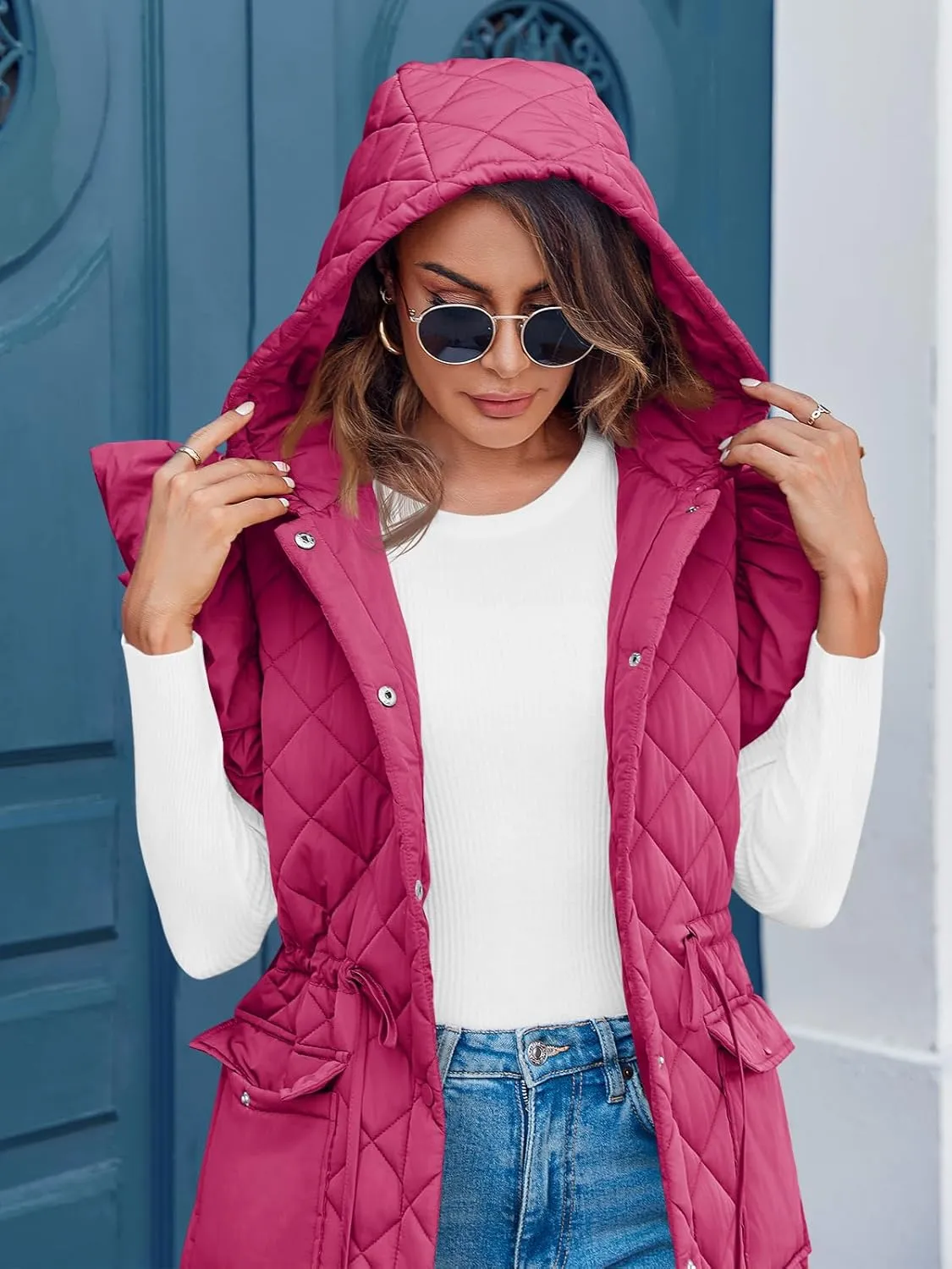Tankaneo Womens Long Puffer Vests Fashion Ruffle Sleeve Quilted Gilet Coats Winter Hooded Down Jacket Vest