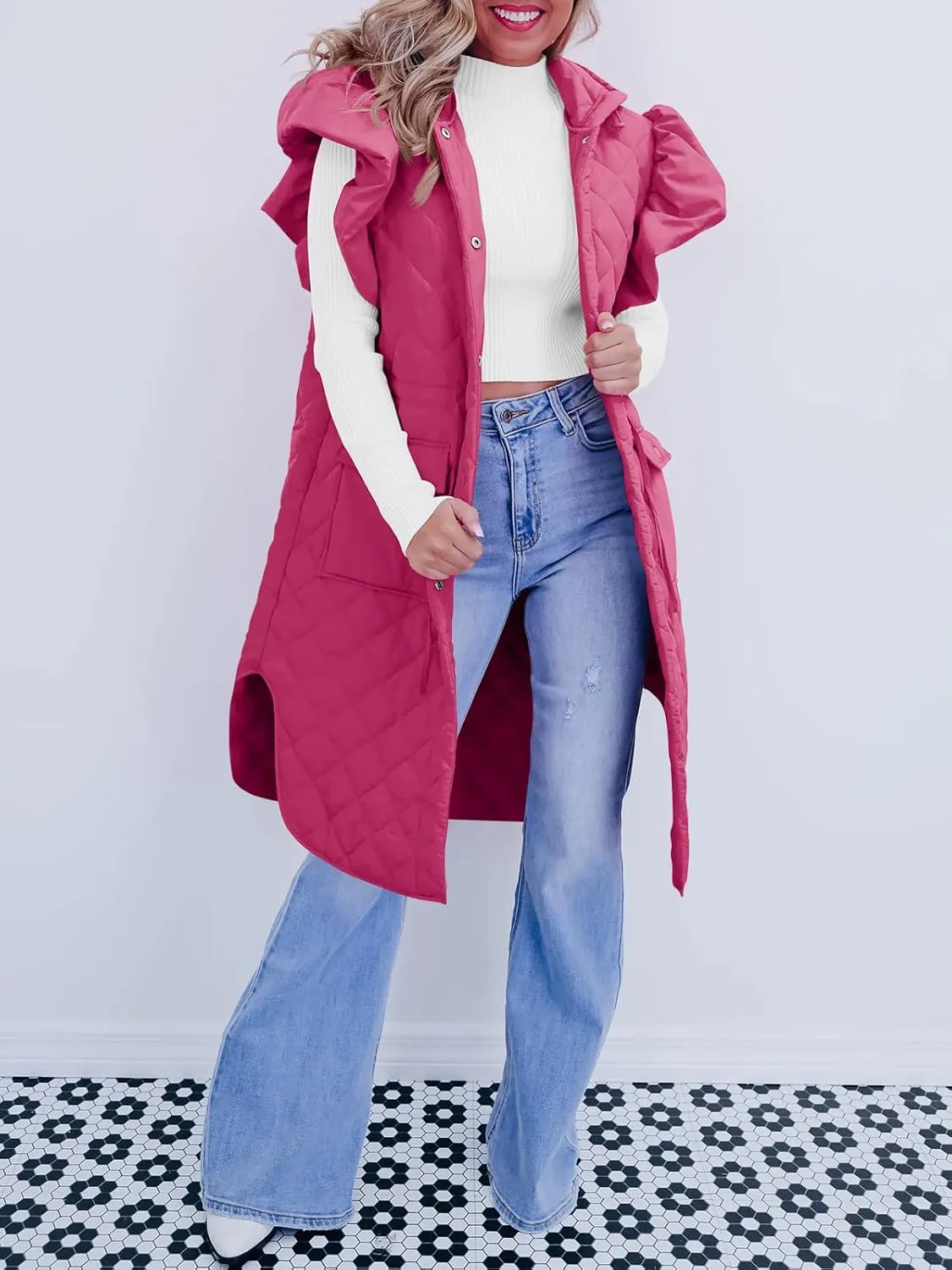 Tankaneo Womens Long Puffer Vests Fashion Ruffle Sleeve Quilted Gilet Coats Winter Hooded Down Jacket Vest