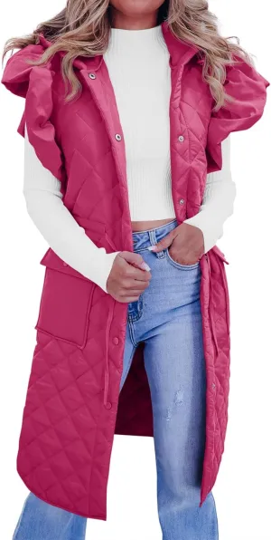 Tankaneo Womens Long Puffer Vests Fashion Ruffle Sleeve Quilted Gilet Coats Winter Hooded Down Jacket Vest