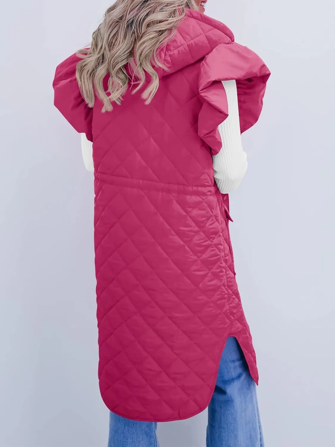 Tankaneo Womens Long Puffer Vests Fashion Ruffle Sleeve Quilted Gilet Coats Winter Hooded Down Jacket Vest