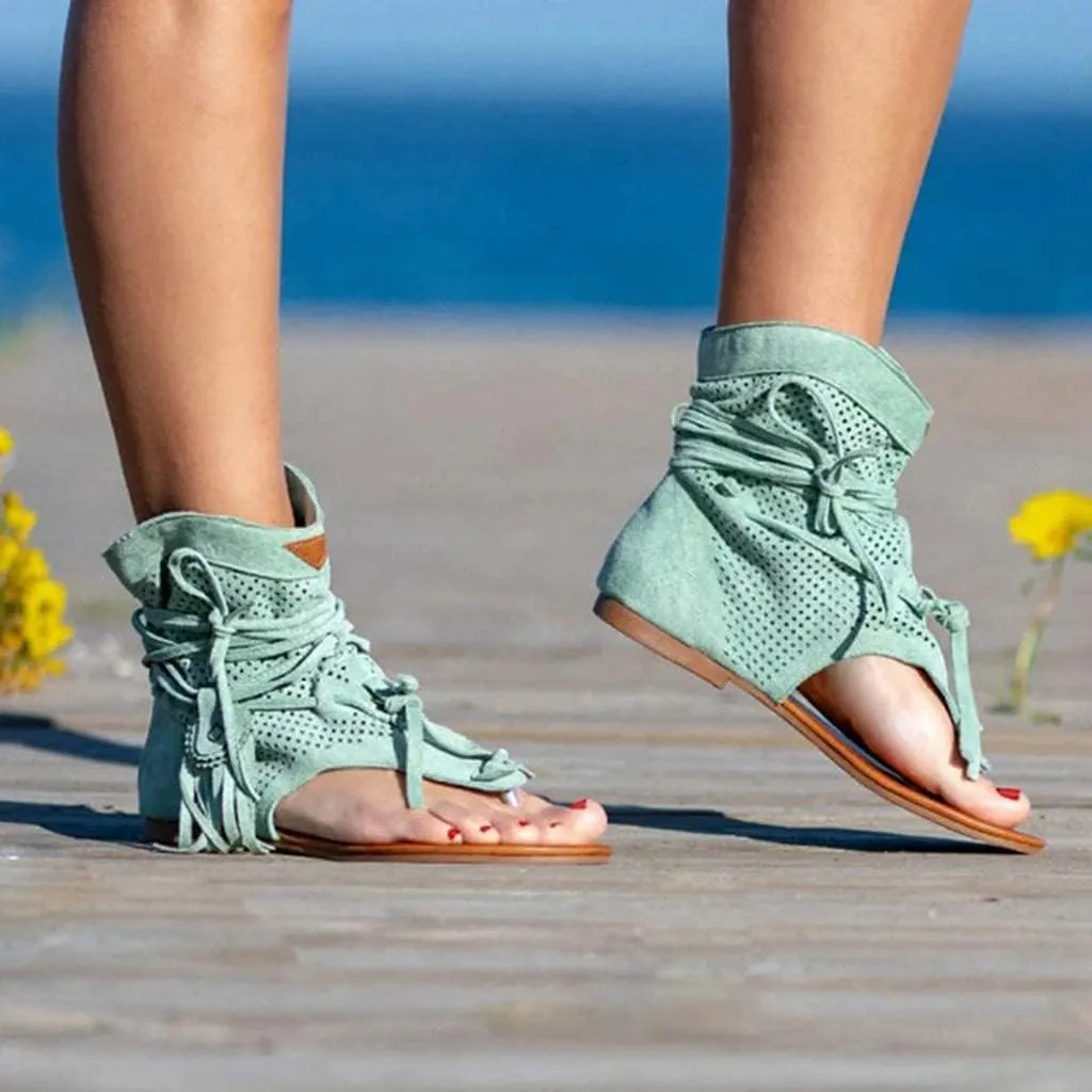 Tassel Sandals for Women, Retro Bohemian Gladiator Fringe Casual Shoes Flat Clip Toe Ankle Boots Beach Sandals T-Strap Roman Open-Toe Sandals