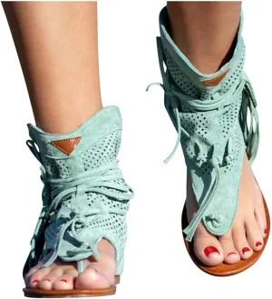 Tassel Sandals for Women, Retro Bohemian Gladiator Fringe Casual Shoes Flat Clip Toe Ankle Boots Beach Sandals T-Strap Roman Open-Toe Sandals