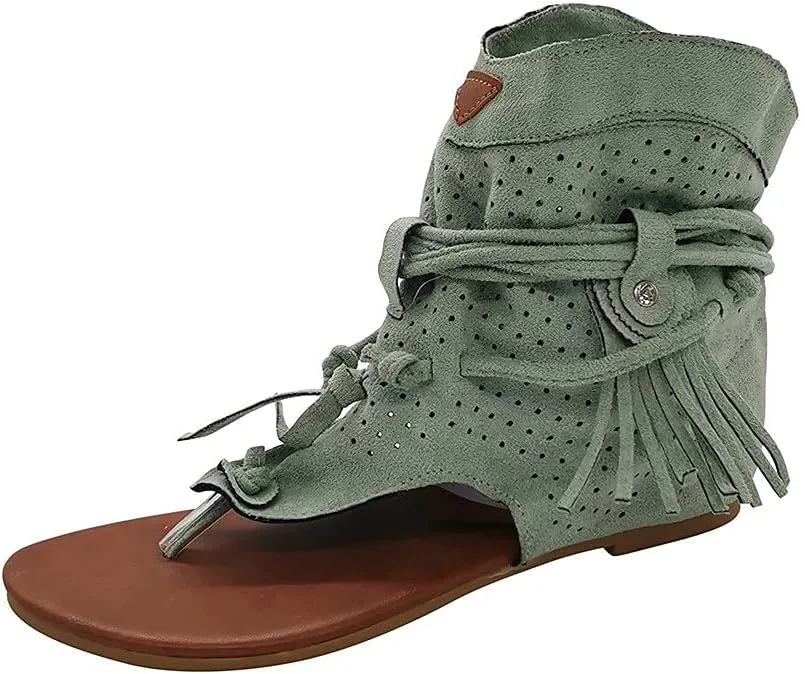 Tassel Sandals for Women, Retro Bohemian Gladiator Fringe Casual Shoes Flat Clip Toe Ankle Boots Beach Sandals T-Strap Roman Open-Toe Sandals