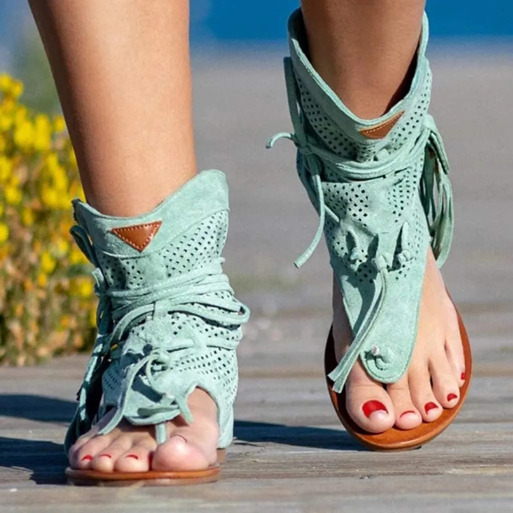 Tassel Sandals for Women, Retro Bohemian Gladiator Fringe Casual Shoes Flat Clip Toe Ankle Boots Beach Sandals T-Strap Roman Open-Toe Sandals