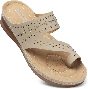 TEMOFON Women Summer Flip Flops: Comfortable Wedge Sandals - Dressy Casual Slip on Sandals - Beige Orthopedic Walking Sandals Size 10