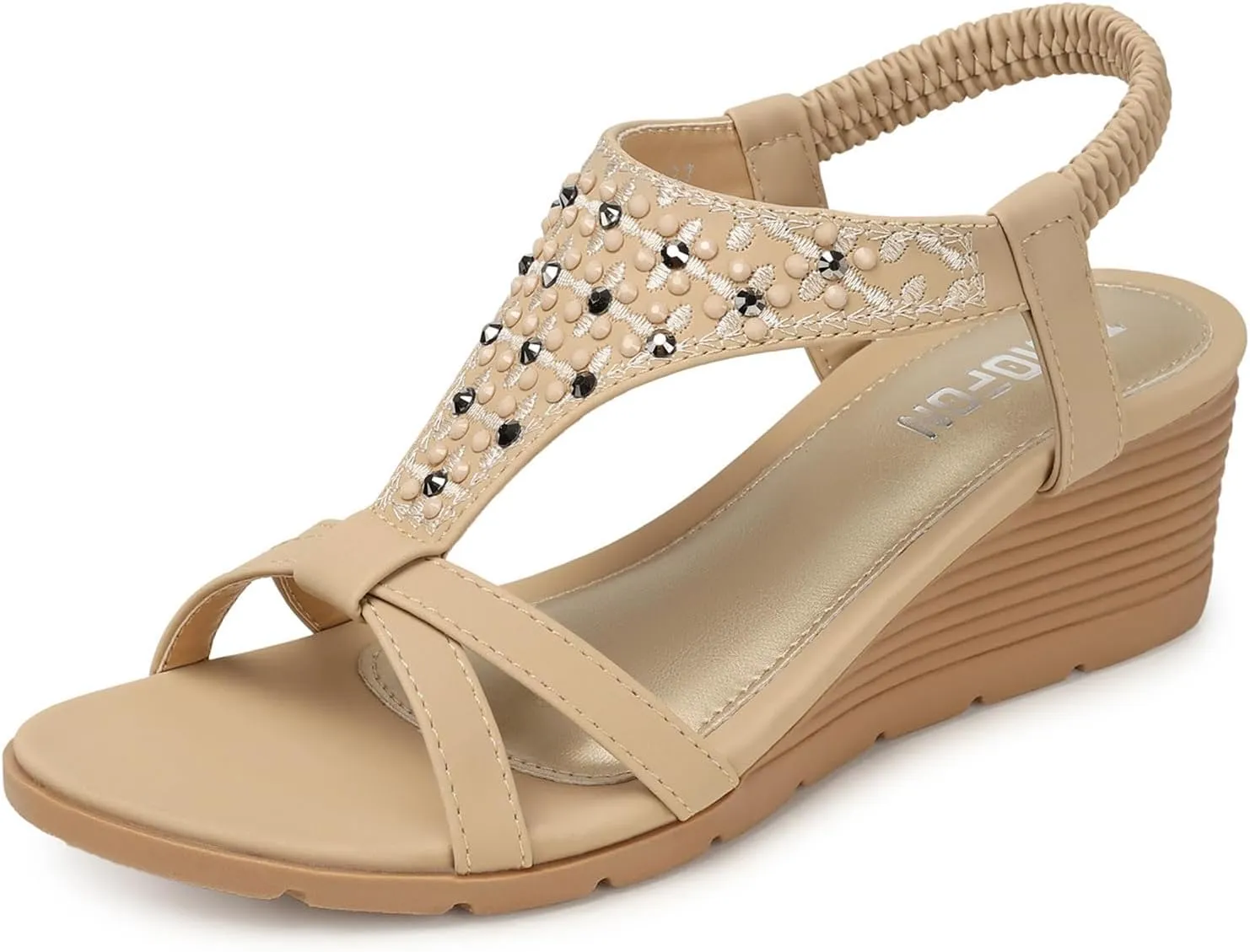 TEMOFON Women's Low Wedge Heels Summer Dressy Platform Sandals Elastic Ankle Strap Open Toe Flower Shoes