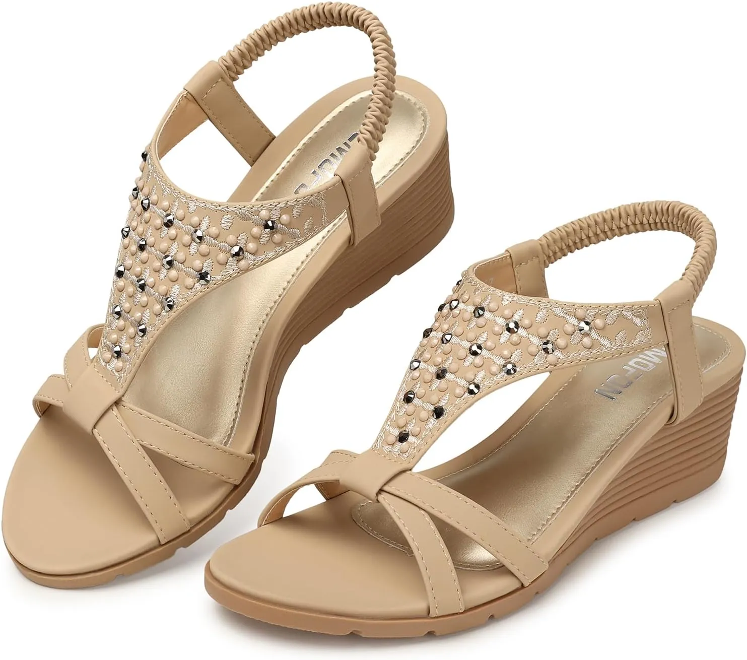 TEMOFON Women's Low Wedge Heels Summer Dressy Platform Sandals Elastic Ankle Strap Open Toe Flower Shoes