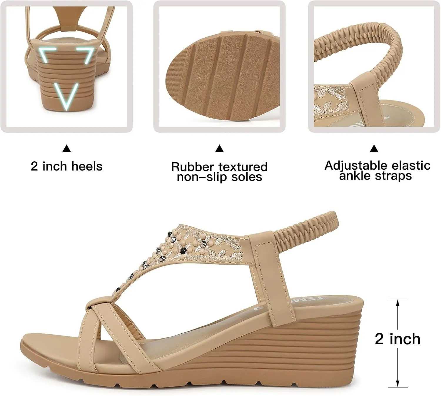 TEMOFON Women's Low Wedge Heels Summer Dressy Platform Sandals Elastic Ankle Strap Open Toe Flower Shoes