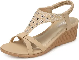 TEMOFON Women's Low Wedge Heels Summer Dressy Platform Sandals Elastic Ankle Strap Open Toe Flower Shoes